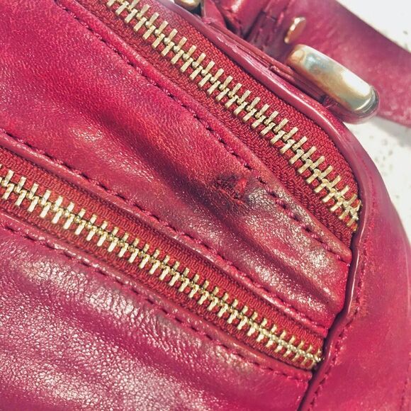 BOTKIER Red Leather Fringed Multiple Gold Zipper Moto Medium Size Crossbody Bag - Picture 7 of 9